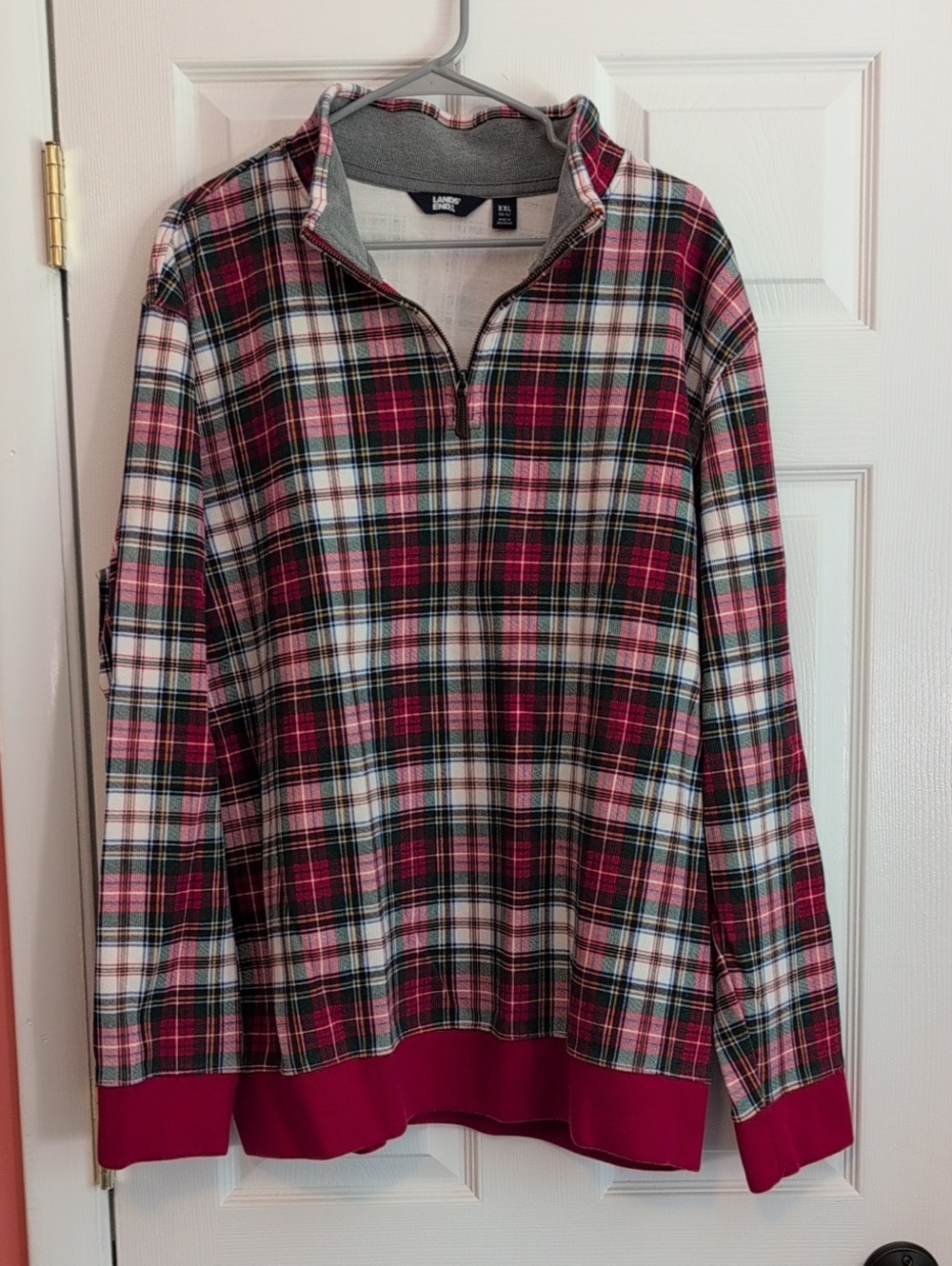 Lands' End Men's Red, White & Green Plaid Quarter-Zip Pullover